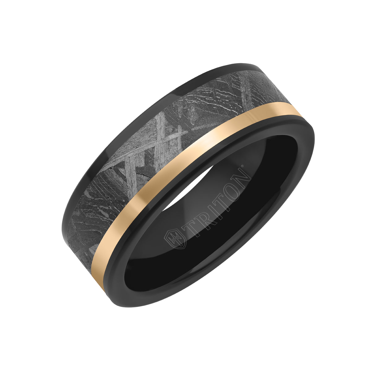8MM Tungsten Carbide Ring - Meteorite Inlay with Asymetrical Channel and Flat Edge