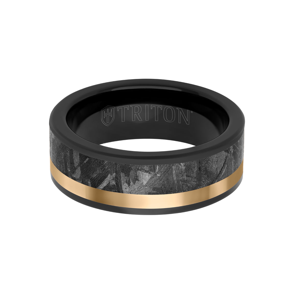 8MM Tungsten Carbide Ring - Meteorite Inlay with Asymetrical Channel and Flat Edge
