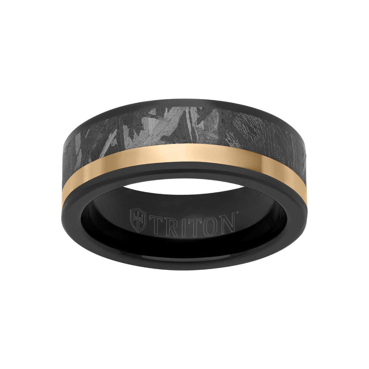 8MM Tungsten Carbide Ring - Meteorite Inlay with Asymetrical Channel and Flat Edge