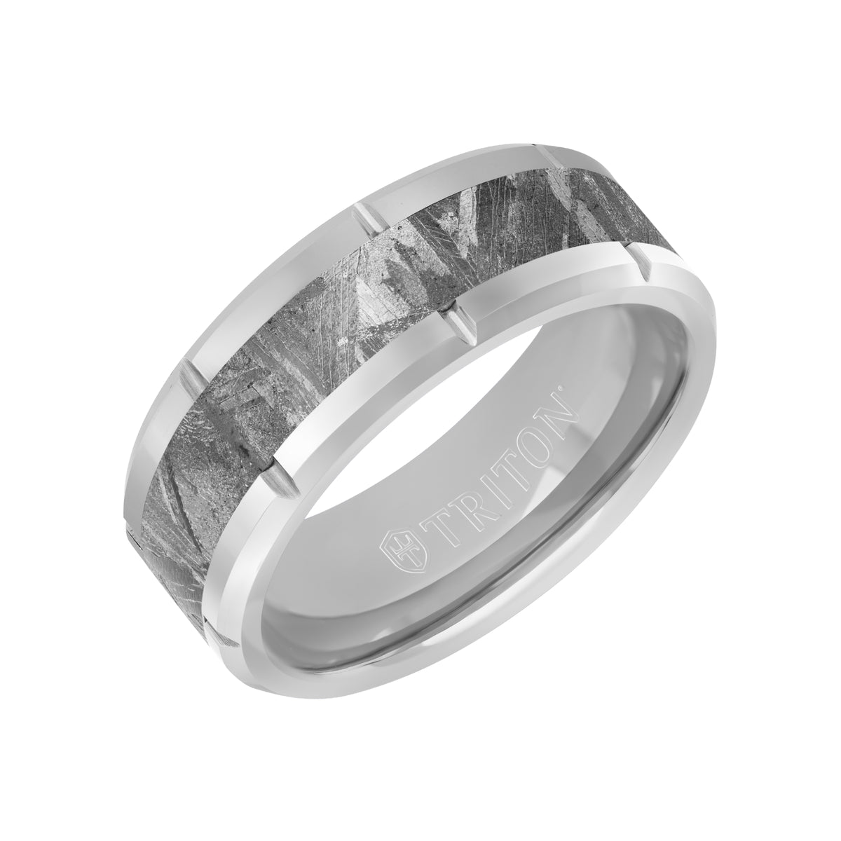 8MM Tungsten Carbide Ring - Meteorite Inlay with Link Edge