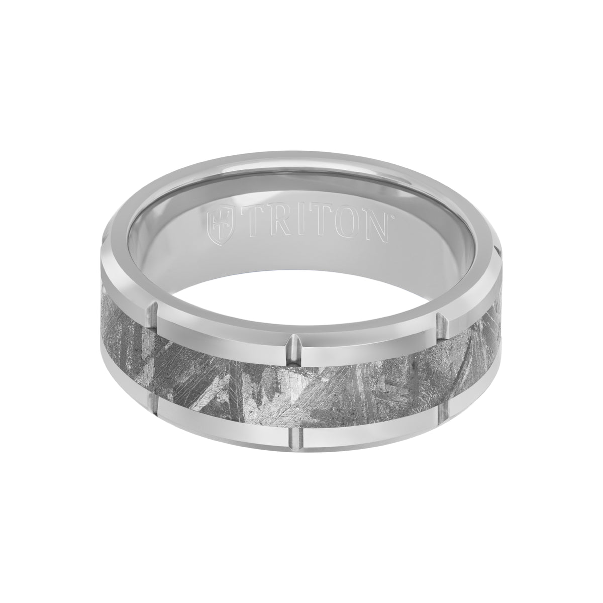 8MM Tungsten Carbide Ring - Meteorite Inlay with Link Edge