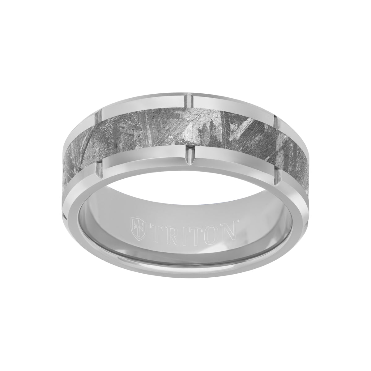8MM Tungsten Carbide Ring - Meteorite Inlay with Link Edge