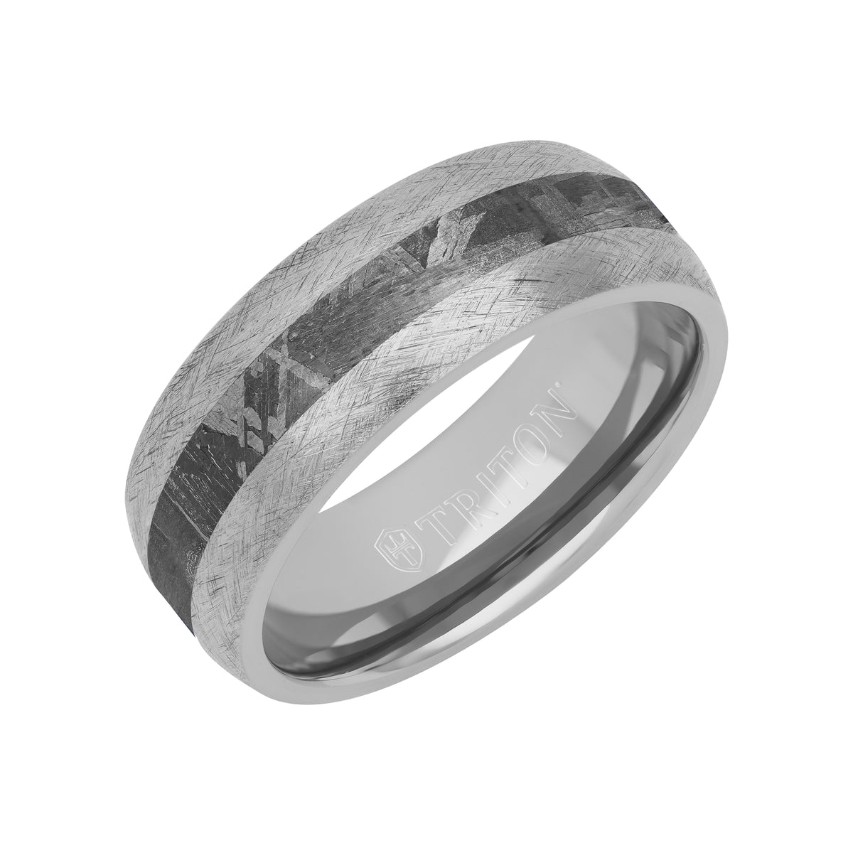 8MM Tungsten Carbide Ring - Meteorite Inlay with Domed Channel and Dome Edge
