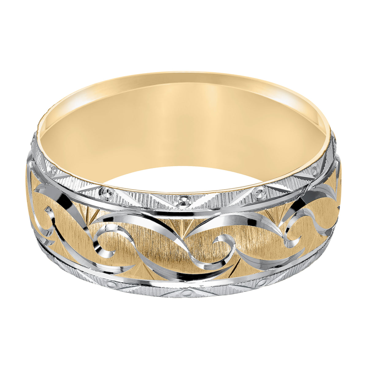 Low Dome Flat Edge Carved Wedding Band