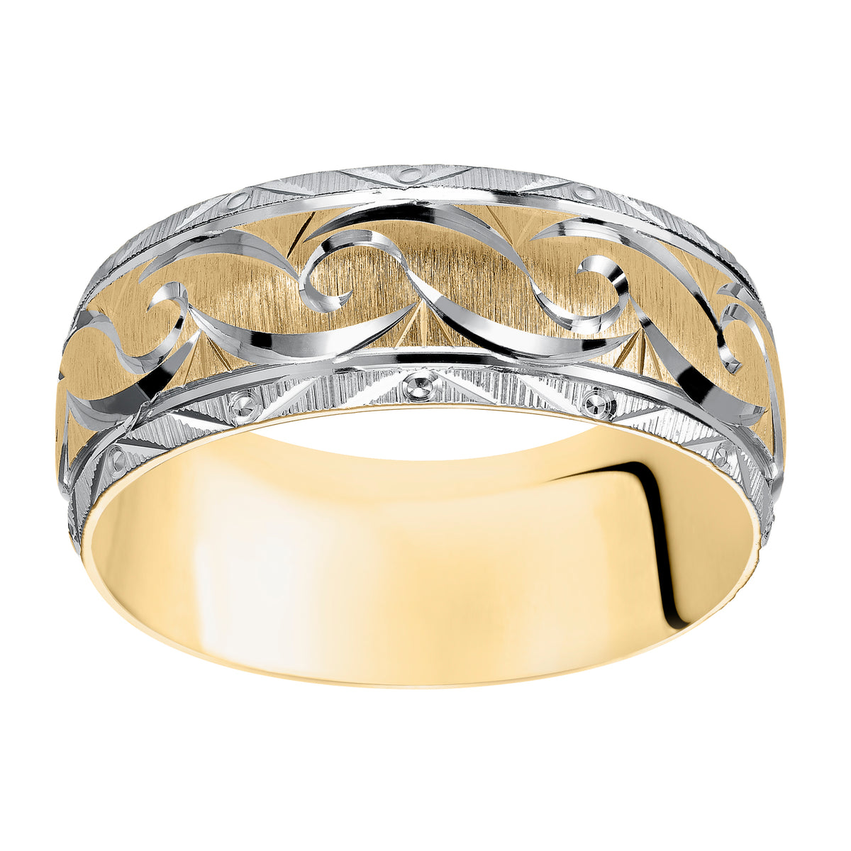 Low Dome Flat Edge Carved Wedding Band