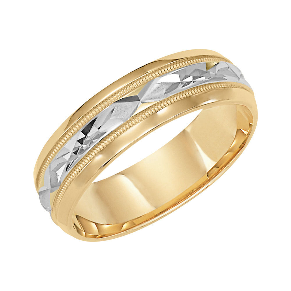 Uniquely styled, this two-tone gold, Comfort Fit wedding band features a bright polished cut design with milgrain and round edges