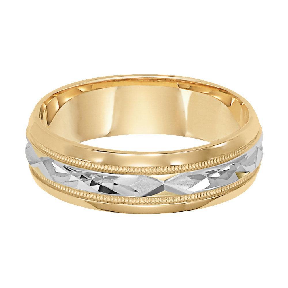 Uniquely styled, this two-tone gold, Comfort Fit wedding band features a bright polished cut design with milgrain and round edges