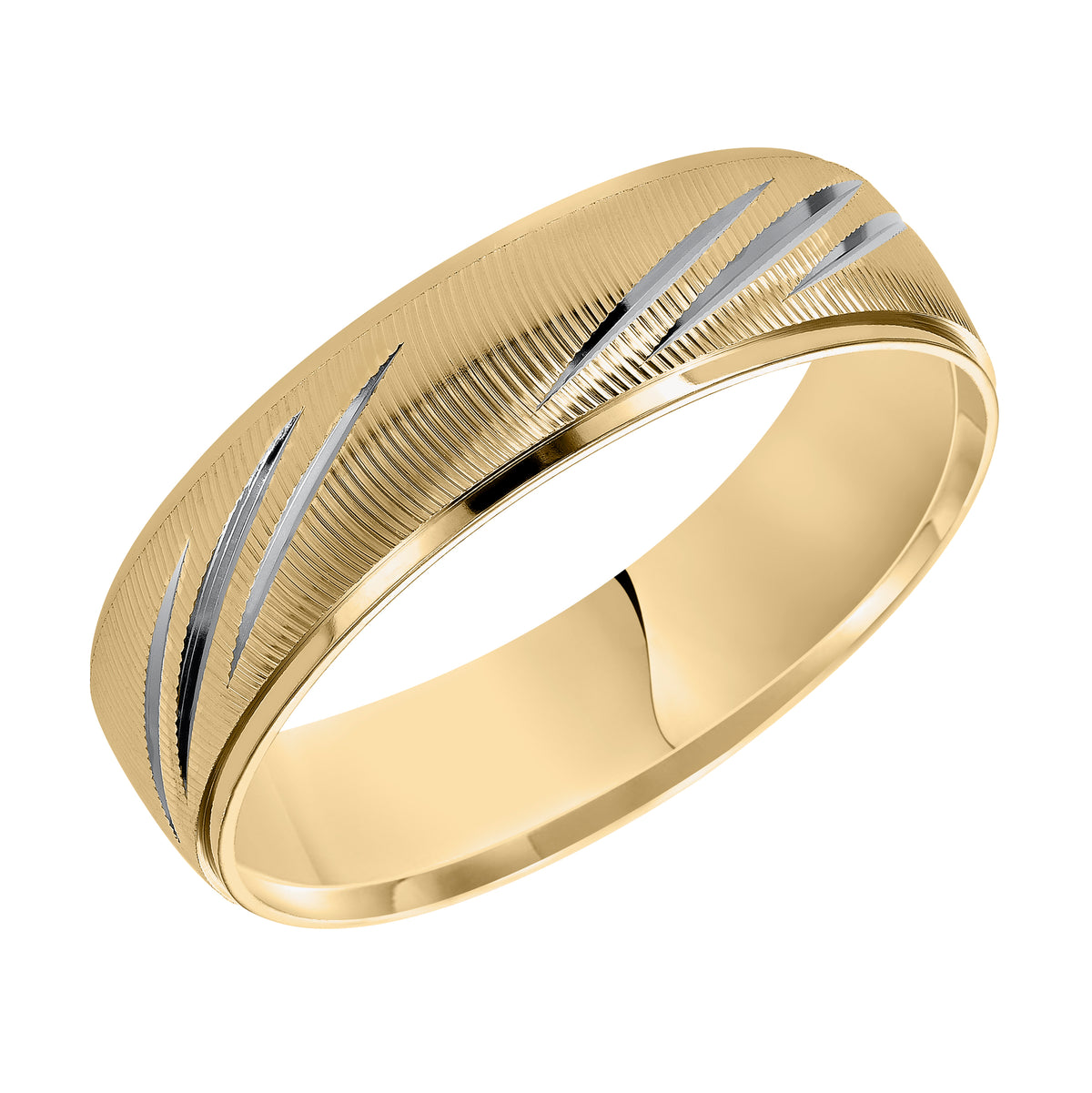 For the modern groom, this distinctly styled, two-tone gold wedding band features a vertical fine line finish and round edges to complete the look