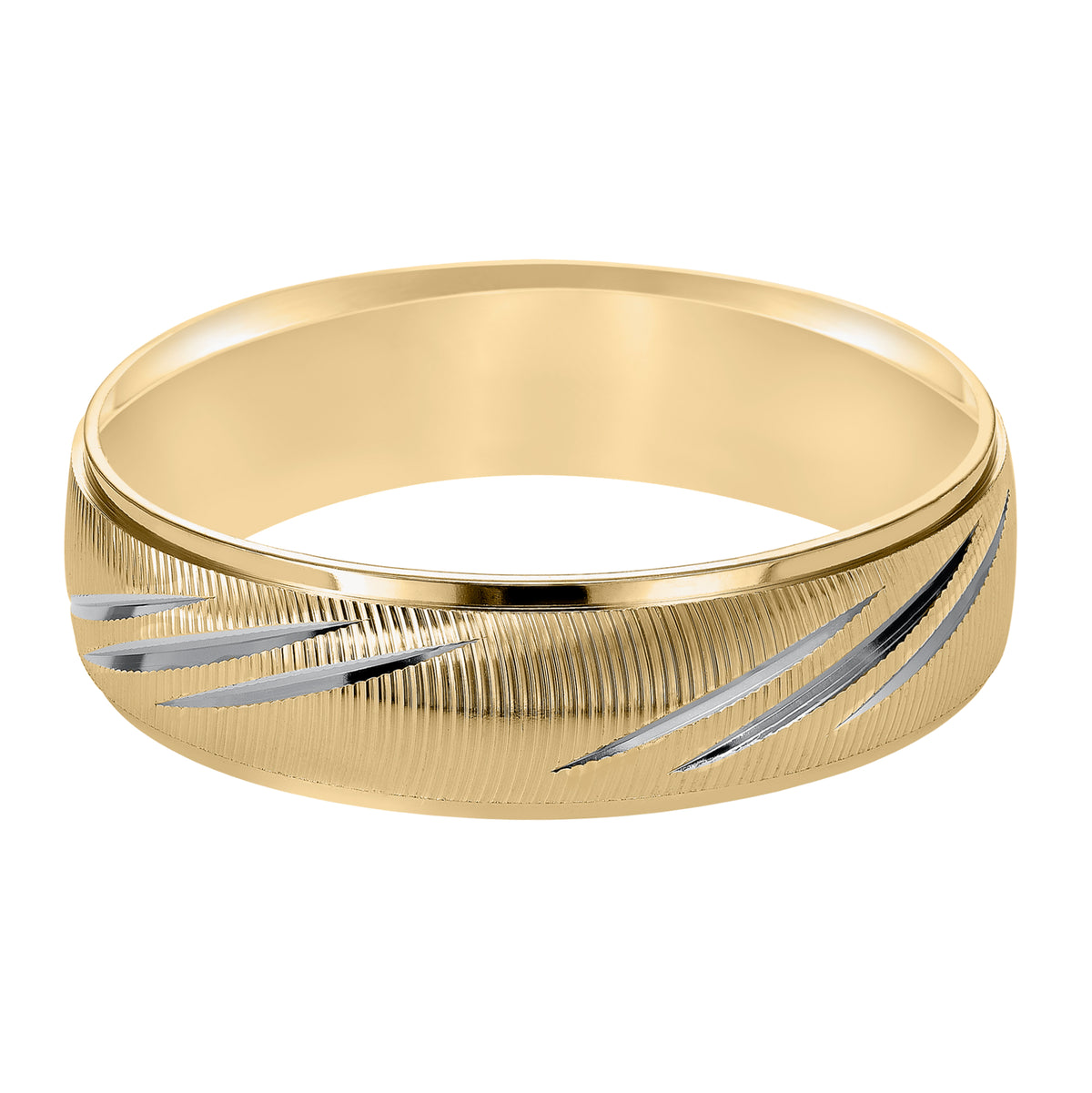 For the modern groom, this distinctly styled, two-tone gold wedding band features a vertical fine line finish and round edges to complete the look