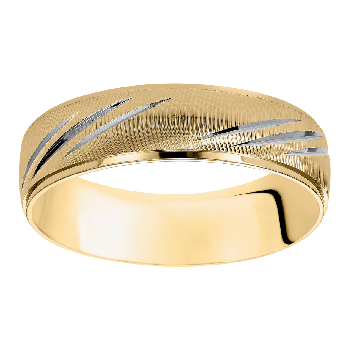 For the modern groom, this distinctly styled, two-tone gold wedding band features a vertical fine line finish and round edges to complete the look