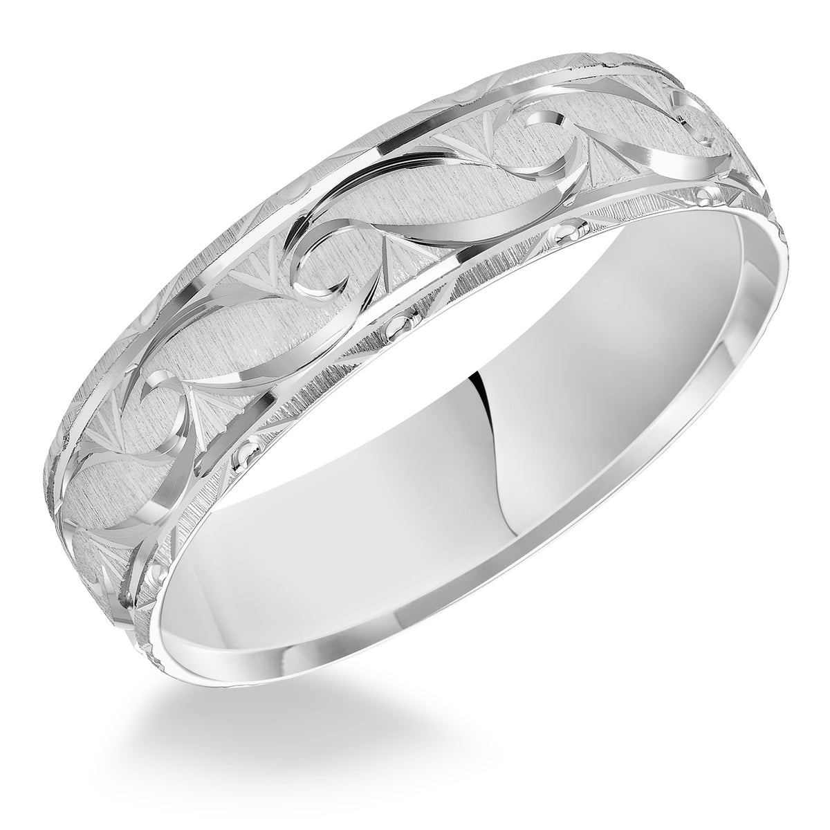 This exquisitely crafted, Comfort Fit wedding band features an ornate design, satin finish and beveled edge to complete the look