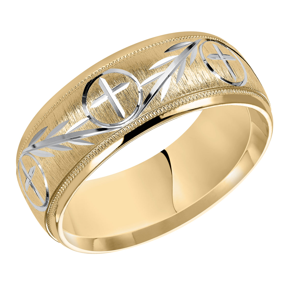 This finely crafted, two-tone gold,  wedding band features an exquisite design, satin finish with milgrain and round edges