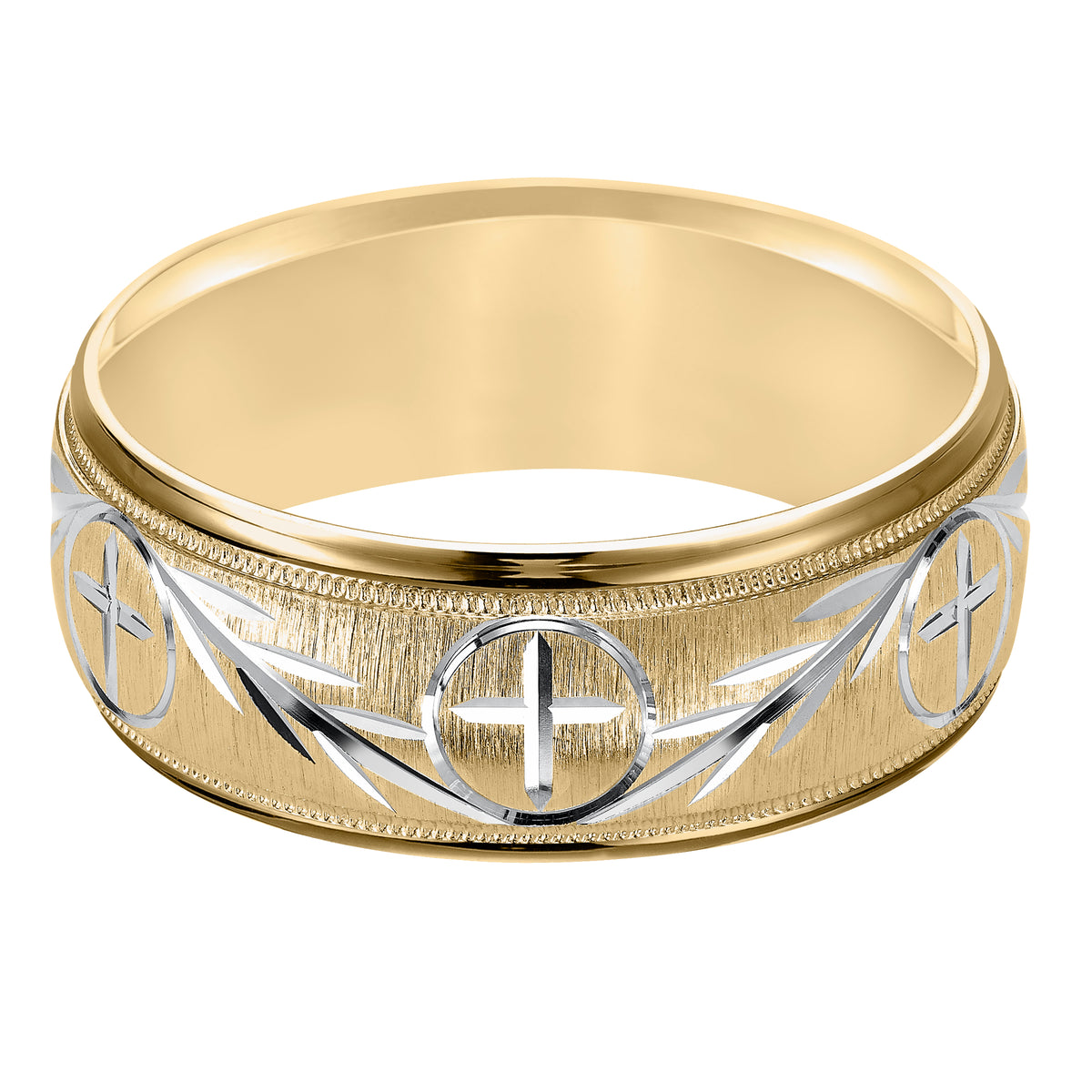 This finely crafted, two-tone gold,  wedding band features an exquisite design, satin finish with milgrain and round edges