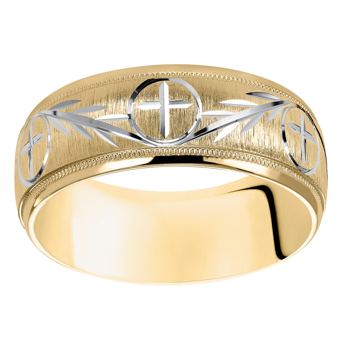 This finely crafted, two-tone gold,  wedding band features an exquisite design, satin finish with milgrain and round edges