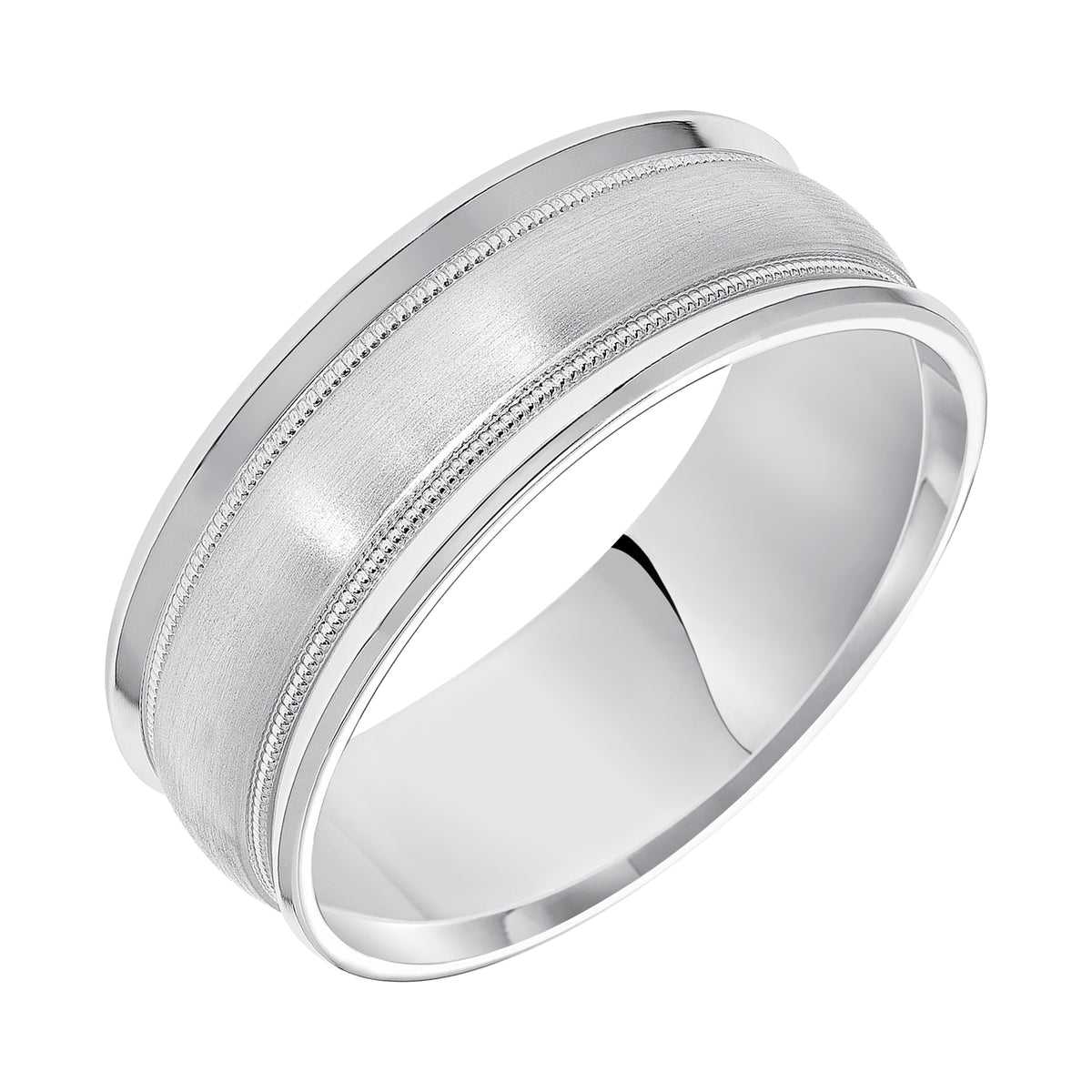 Classic with a twist, this two-tone gold, Comfort Fit wedding band features a brush finish with milgrain accents and round edges to complete the look