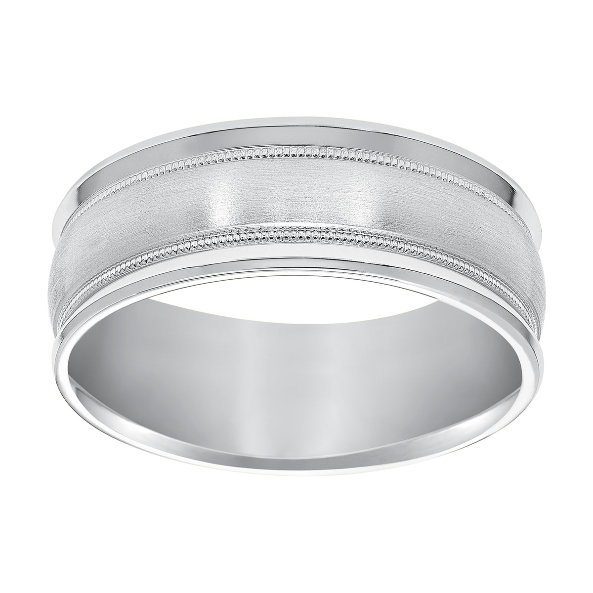 Classic with a twist, this two-tone gold, Comfort Fit wedding band features a brush finish with milgrain accents and round edges to complete the look