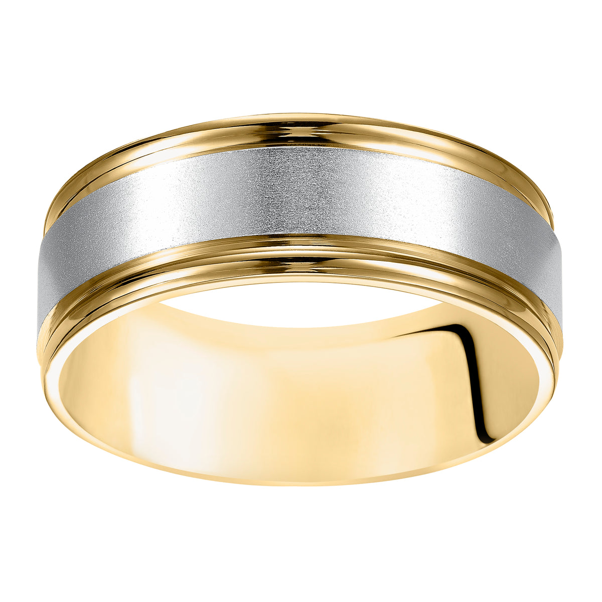 This stately two-tone gold, Comfort Fit wedding band features a yellow gold, brushed finish center channel and white gold, round edges