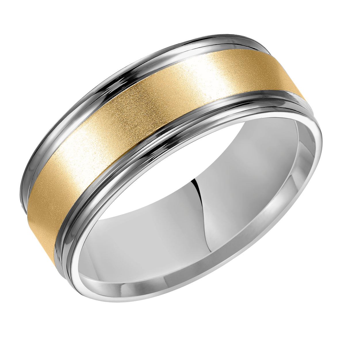 This stately two-tone gold, Comfort Fit wedding band features a yellow gold, brushed finish center channel and white gold, round edges