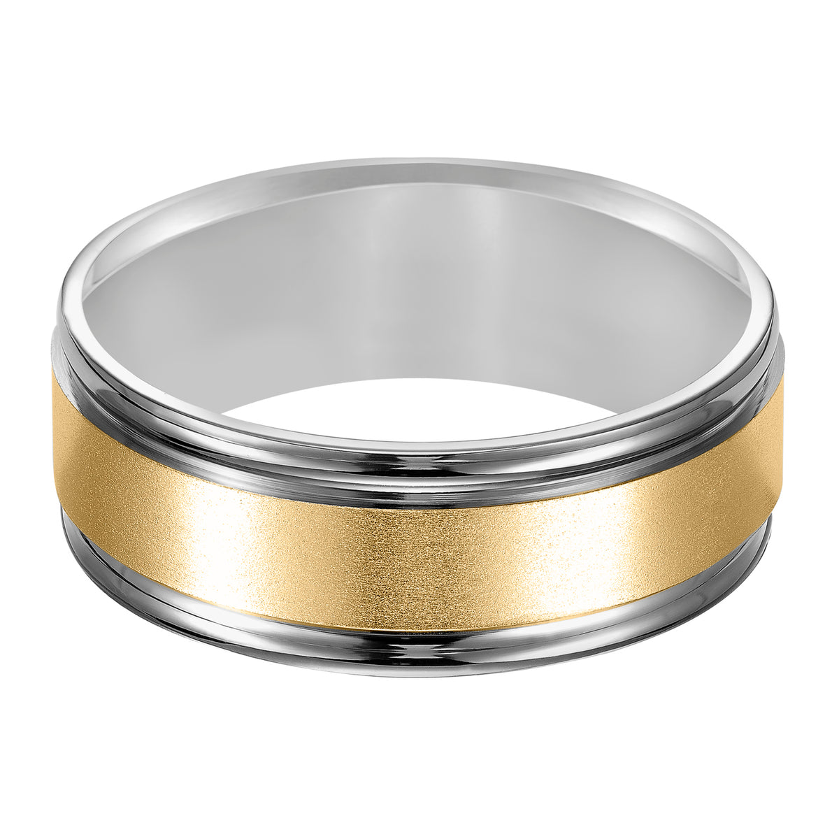 This stately two-tone gold, Comfort Fit wedding band features a yellow gold, brushed finish center channel and white gold, round edges