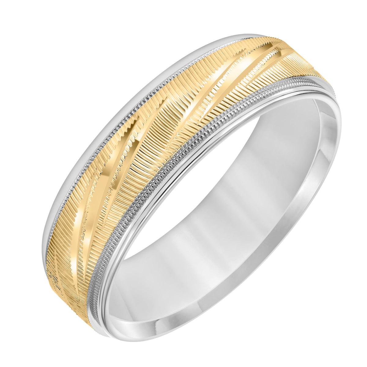 Comfort fit, two-tone engraved wedding band with cut design and bright, round edges.