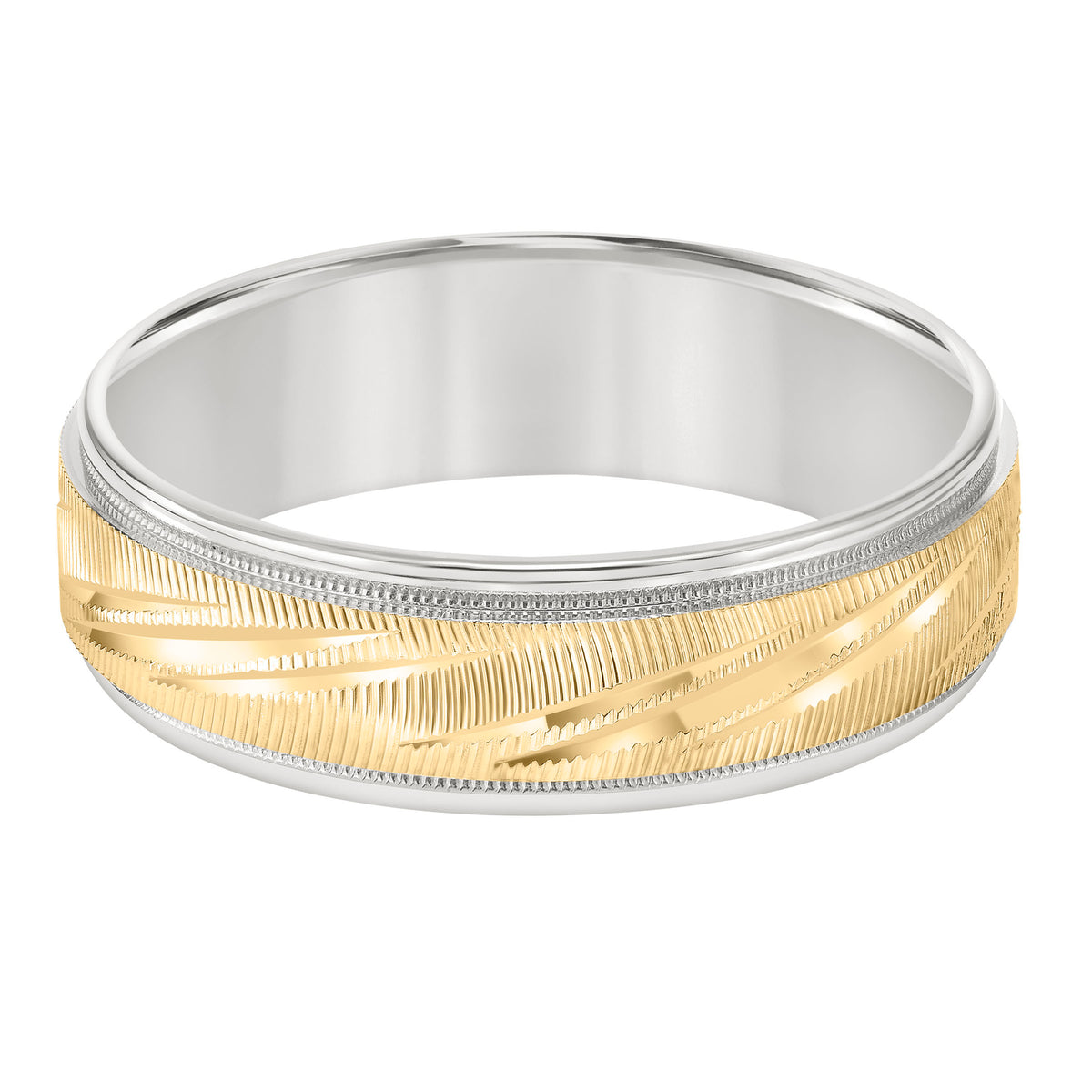 Comfort fit, two-tone engraved wedding band with cut design and bright, round edges.