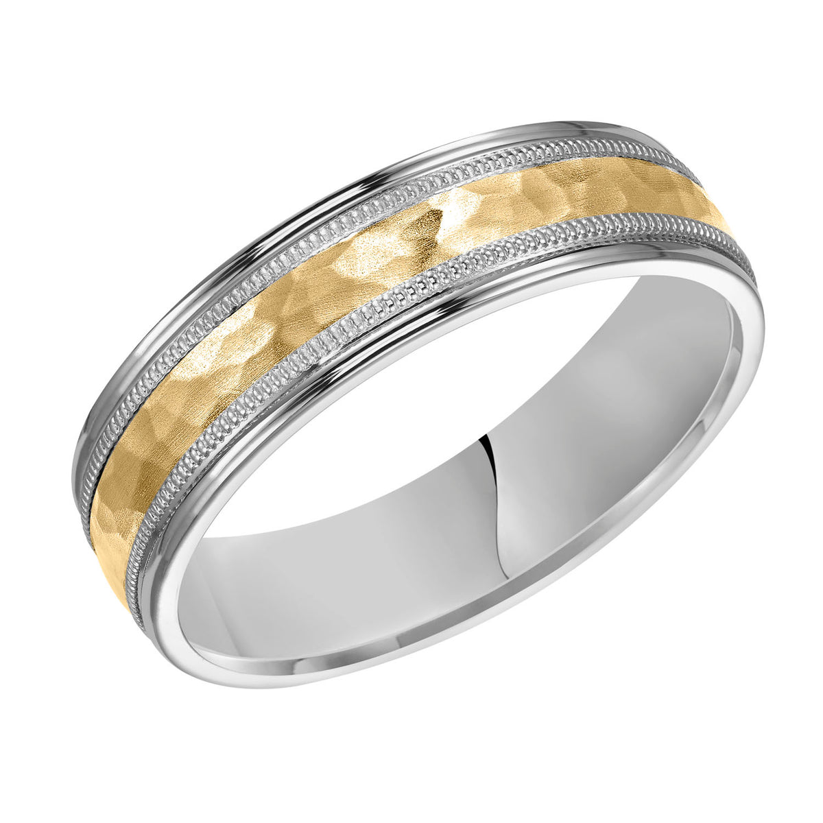 Comfort fit two tone wedding band with brushed hammered finish and milgrain Please note hand hammered styles will have slight variations due to the nature of the manufacturing process