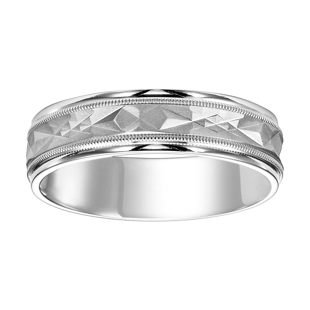 Featuring a brushed, robust cut design with milgrain and round edges, this Comfort Fit wedding band is perfect for the groom who appreciates individual style