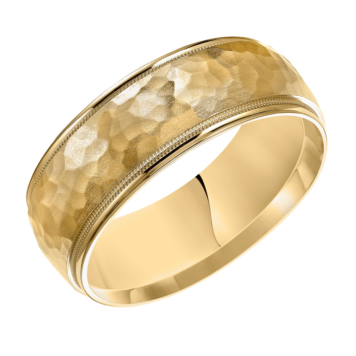 This low domed Comfort Fit yellow gold wedding band features a brushed hammered finish with milgrain and round edges for a luxurious look Please note hand hammered styles will have slight variations due to the nature of the manufacturing process