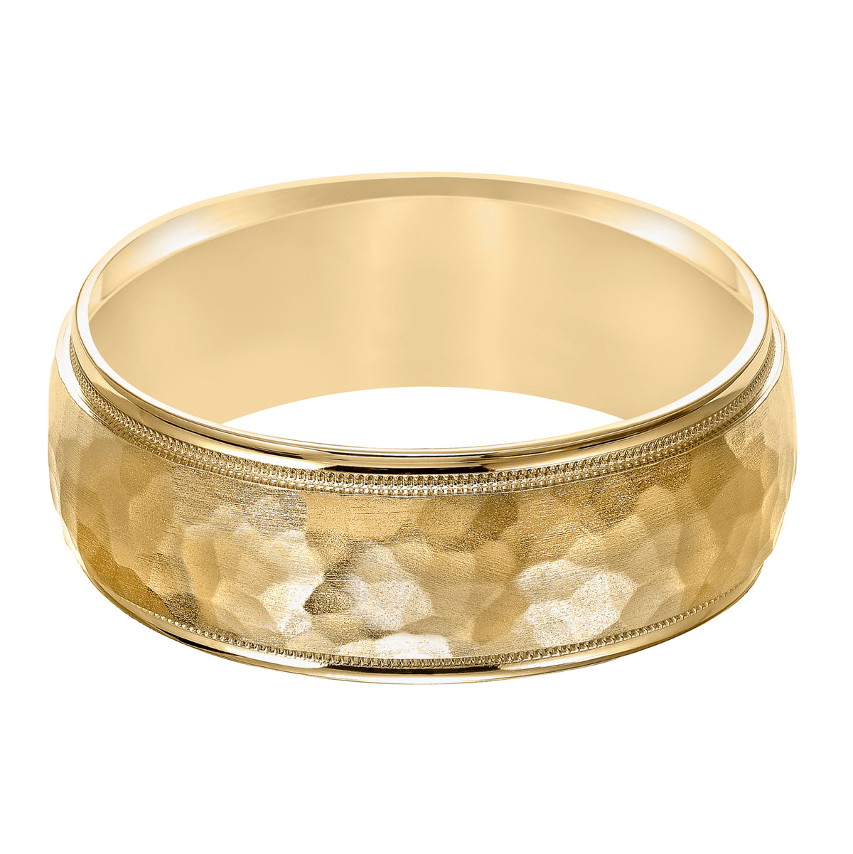 This low domed Comfort Fit yellow gold wedding band features a brushed hammered finish with milgrain and round edges for a luxurious look Please note hand hammered styles will have slight variations due to the nature of the manufacturing process