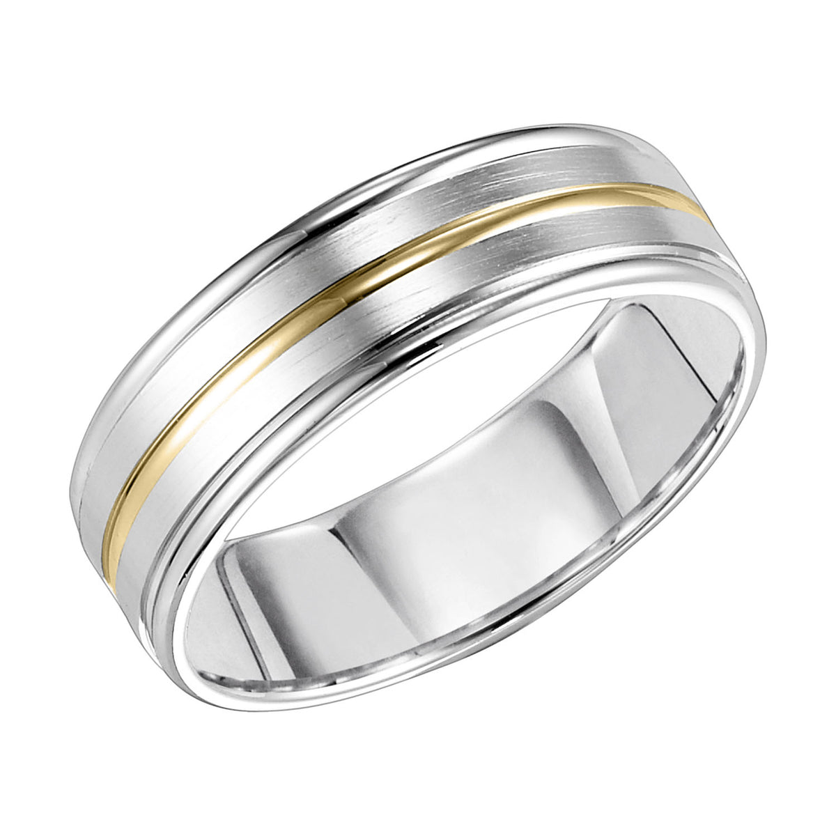Sleek lines inspired the design of this two-tone gold, Comfort Fit wedding band enhanced with a brushed finish and round edges to complete the look