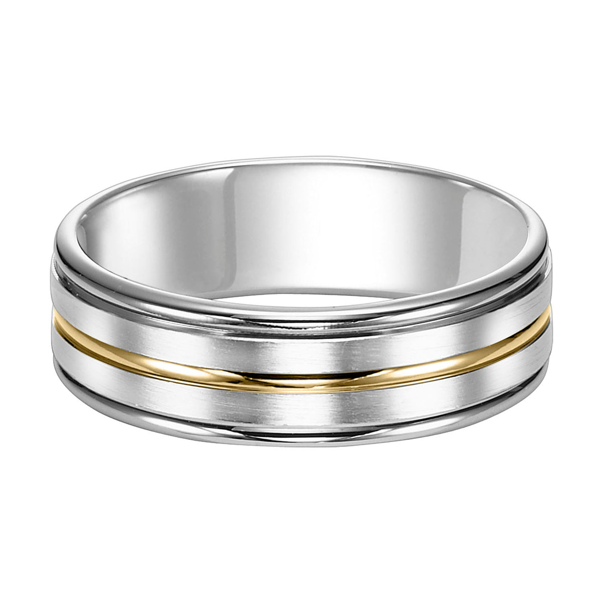 Sleek lines inspired the design of this two-tone gold, Comfort Fit wedding band enhanced with a brushed finish and round edges to complete the look