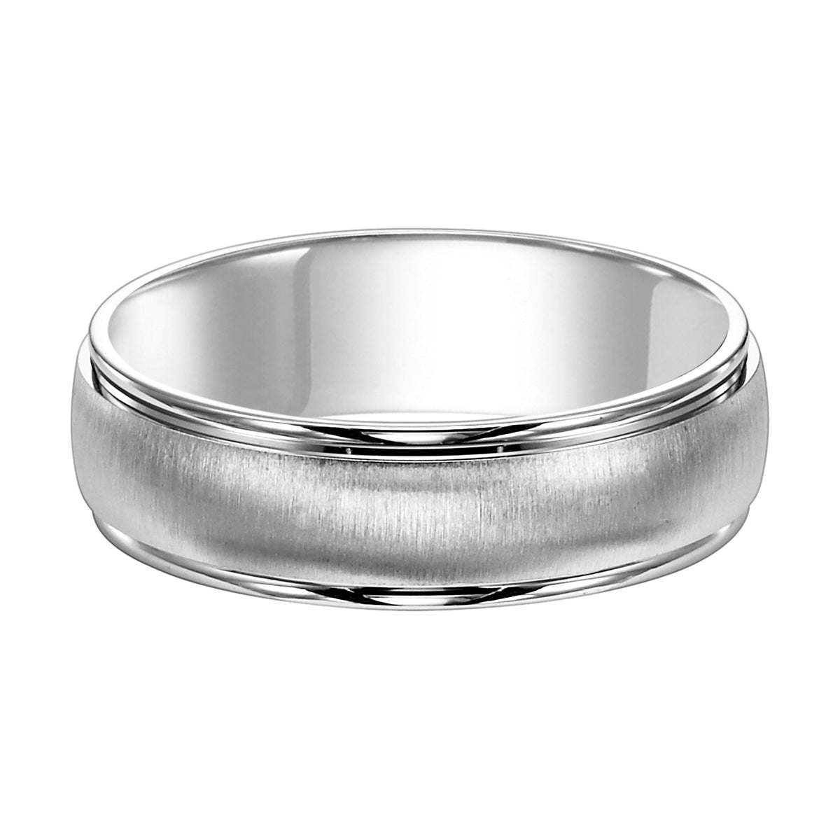 Traditional yet lustrous, this handsomely crafted, low dome, Comfort Fit wedding band is enhanced with a brushed finish and round edges