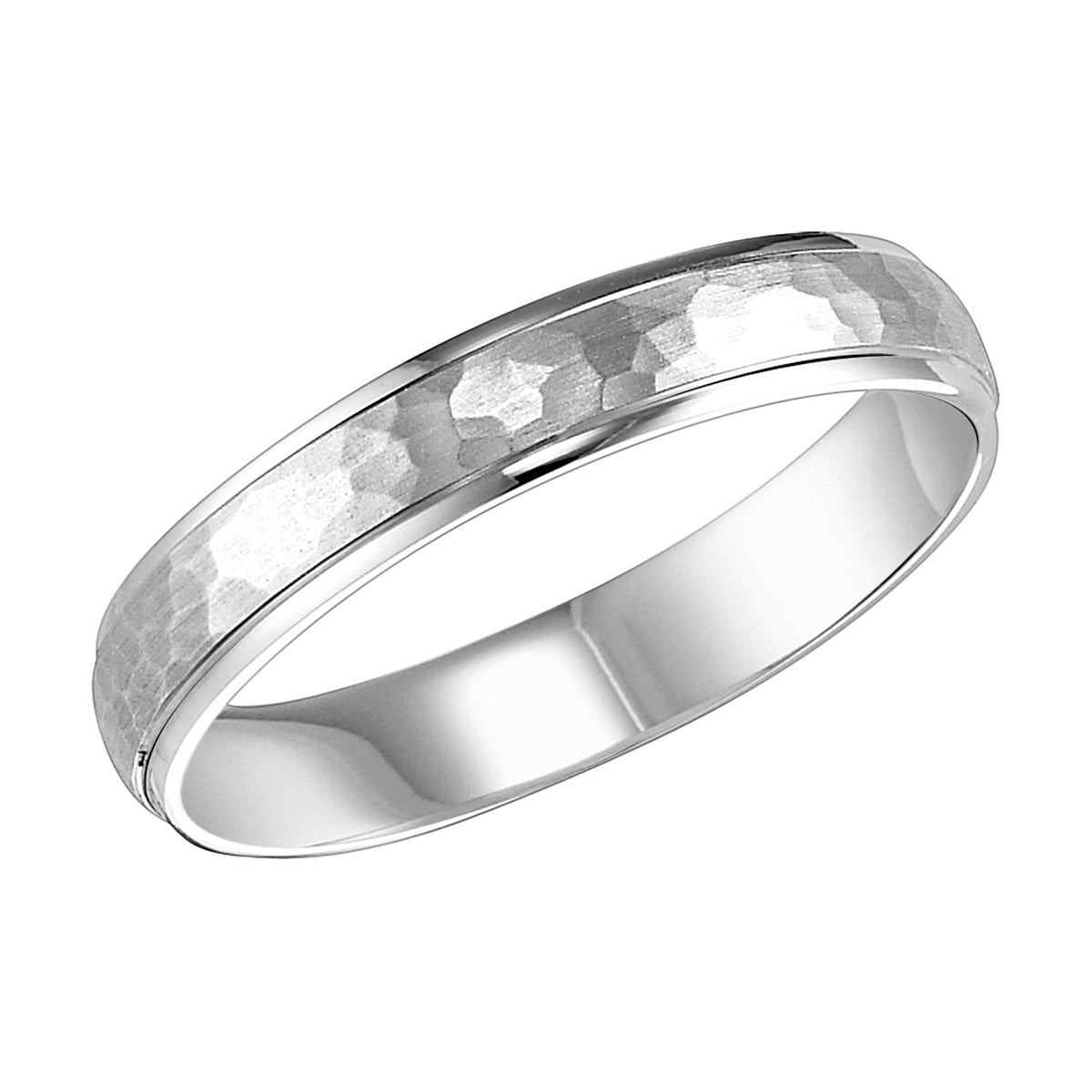 Exquisitely crafted this low domed Comfort Fit wedding band features a brushed hammered finish and bright round edges  Please note hand hammered styles will have slight variations due to the nature of the manufacturing process