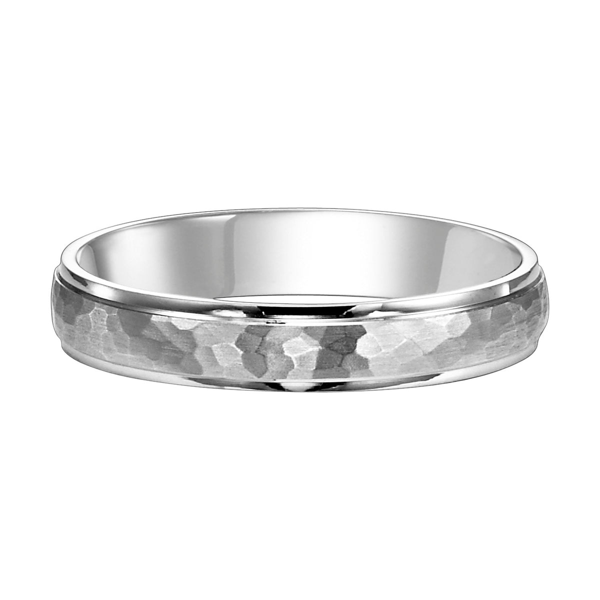 Exquisitely crafted this low domed Comfort Fit wedding band features a brushed hammered finish and bright round edges  Please note hand hammered styles will have slight variations due to the nature of the manufacturing process