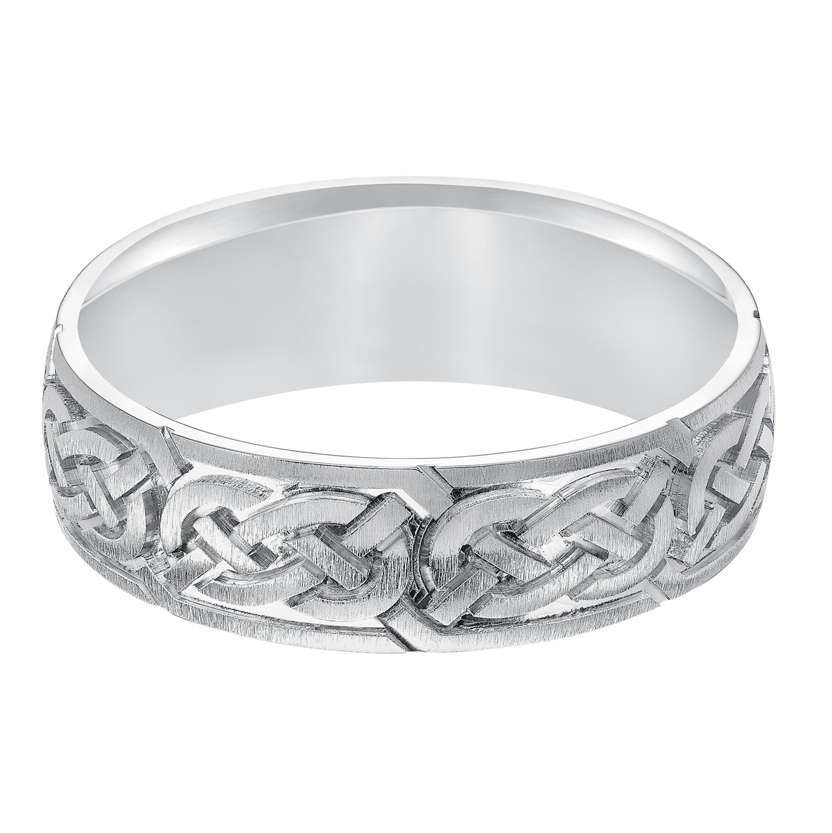 This finely crafted, Comfort Fit wedding band features an exquisite Celtic knot design, satin finish and flat edges to complete the look