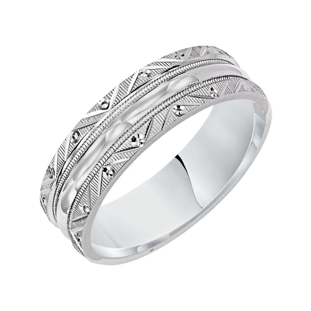 Distinctly styled, this Comfort Fit wedding band features an intricate design with a satin finish and milgrain accents