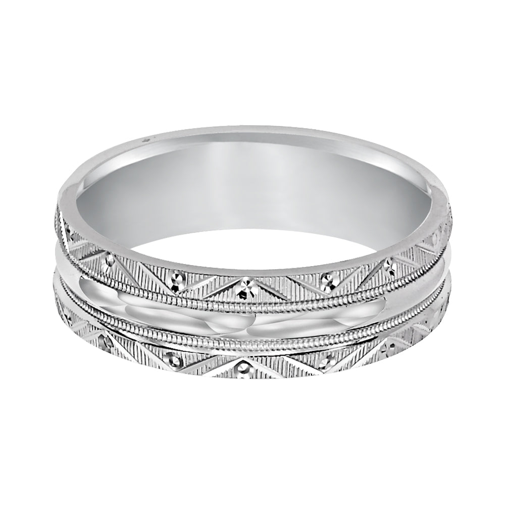 Distinctly styled, this Comfort Fit wedding band features an intricate design with a satin finish and milgrain accents