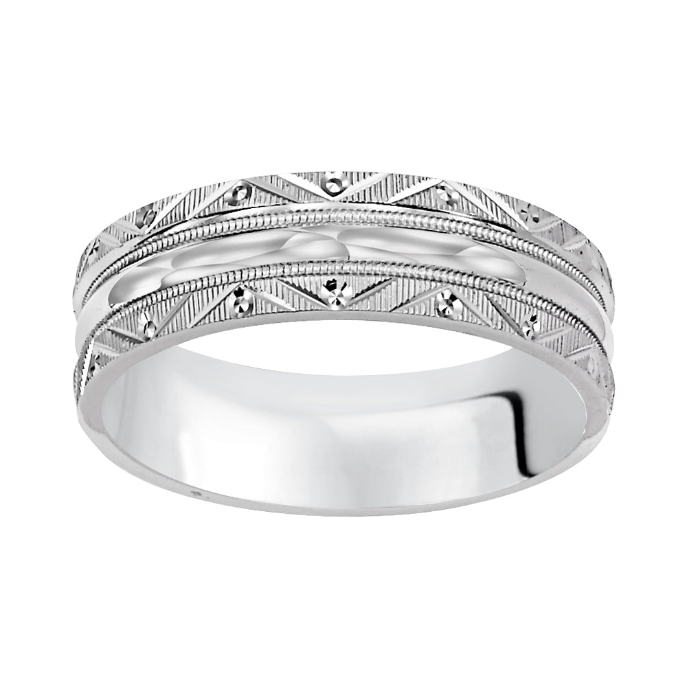 Distinctly styled, this Comfort Fit wedding band features an intricate design with a satin finish and milgrain accents