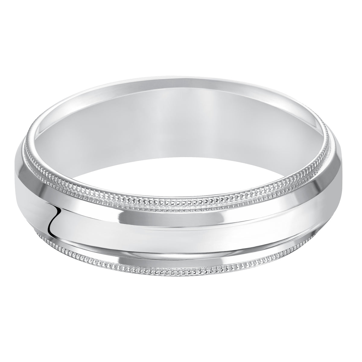 Classic lines inspired this sleek, low-domed, Comfort Fit wedding band enhanced with bright polished finish, milgrain and round edges