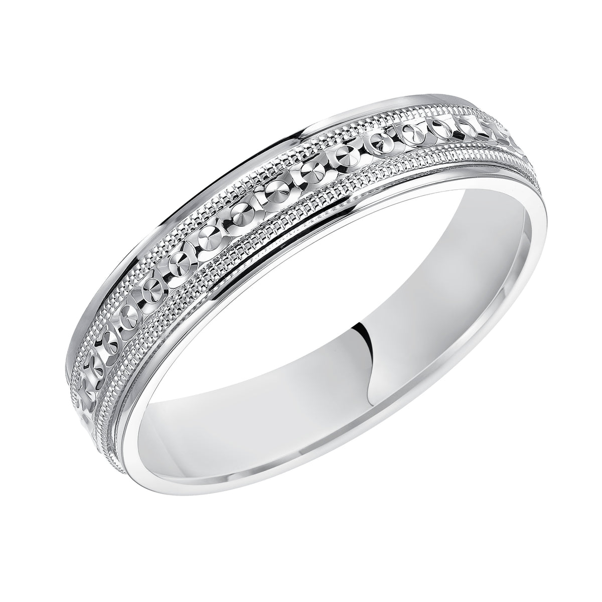 This low-dome styled, Comfort Fit wedding band features an eye-catching design with a bright finish, milgrain and round edges