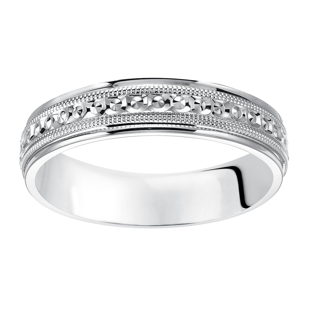 This low-dome styled, Comfort Fit wedding band features an eye-catching design with a bright finish, milgrain and round edges