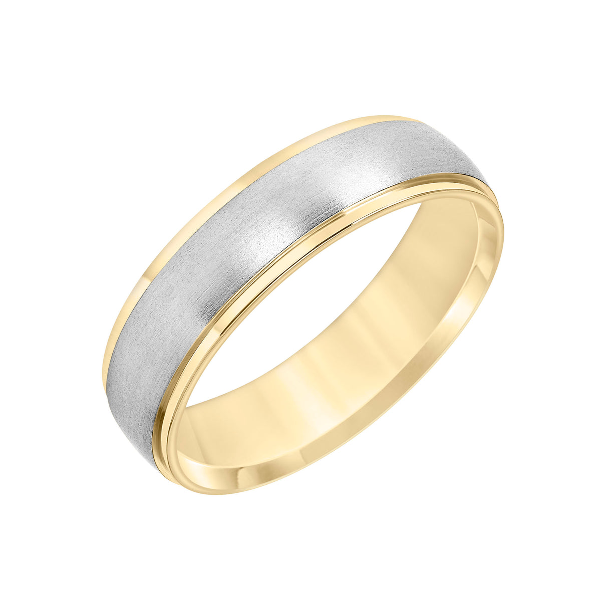 This low-dome styled, two-tone gold, Comfort Fit wedding band features a brushed finish and flat edges