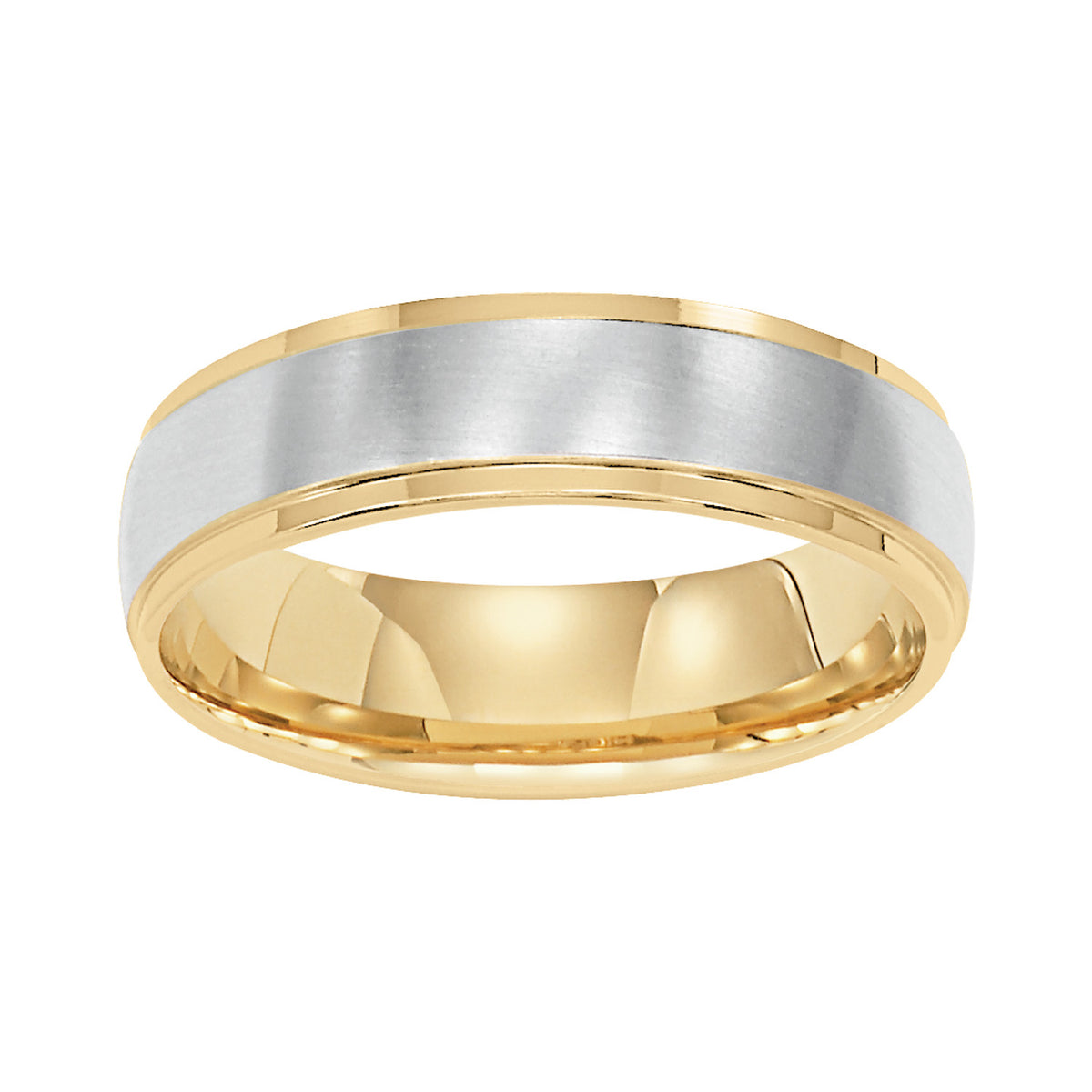 This low-dome styled, two-tone gold, Comfort Fit wedding band features a brushed finish and flat edges