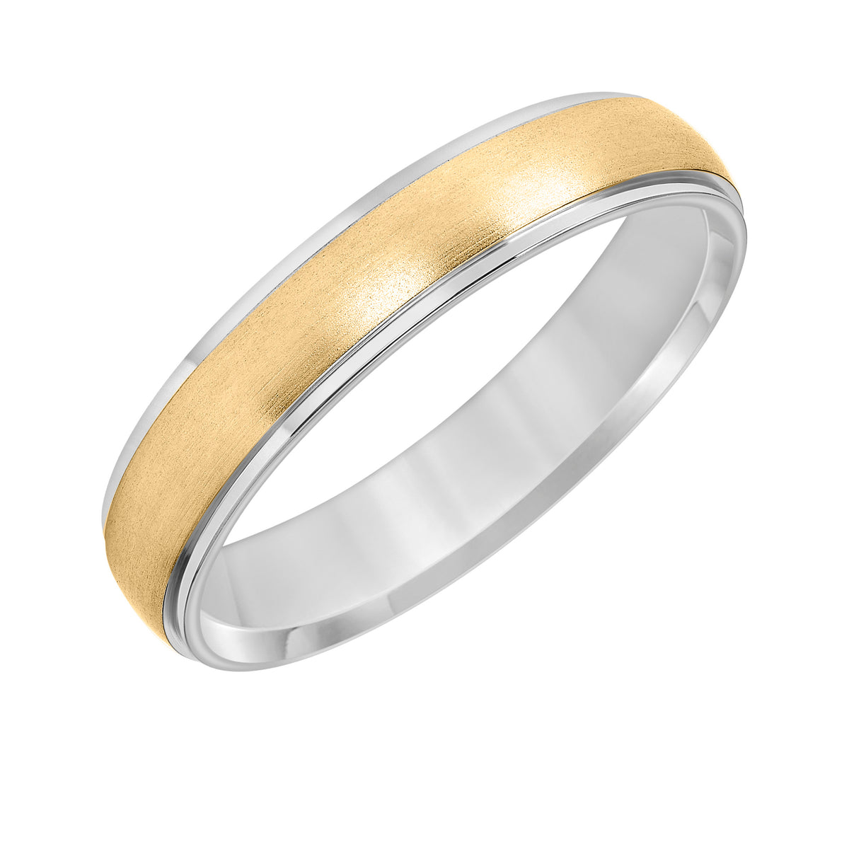 This low-dome styled, two-tone gold, Comfort Fit wedding band features a brushed finish and flat edges