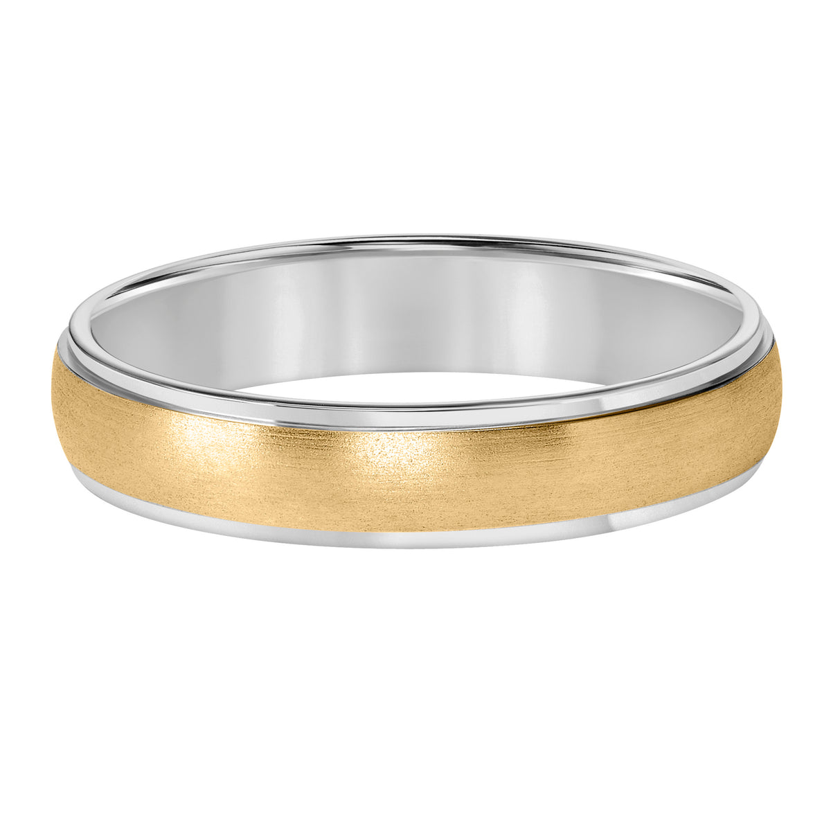 This low-dome styled, two-tone gold, Comfort Fit wedding band features a brushed finish and flat edges
