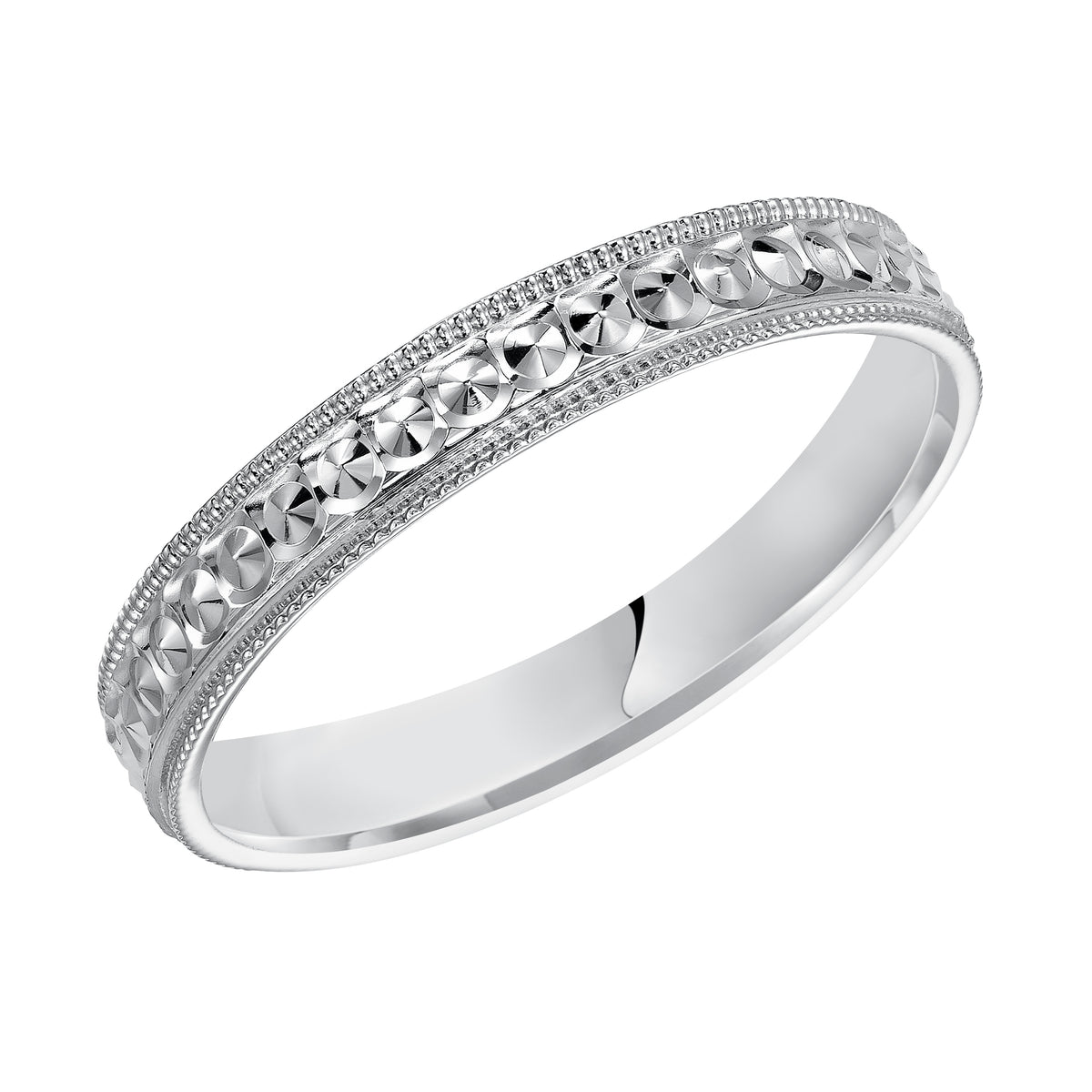 This low-dome styled, Comfort Fit wedding band features an intricate design with a bright finish and milgrain edge for a unique look
