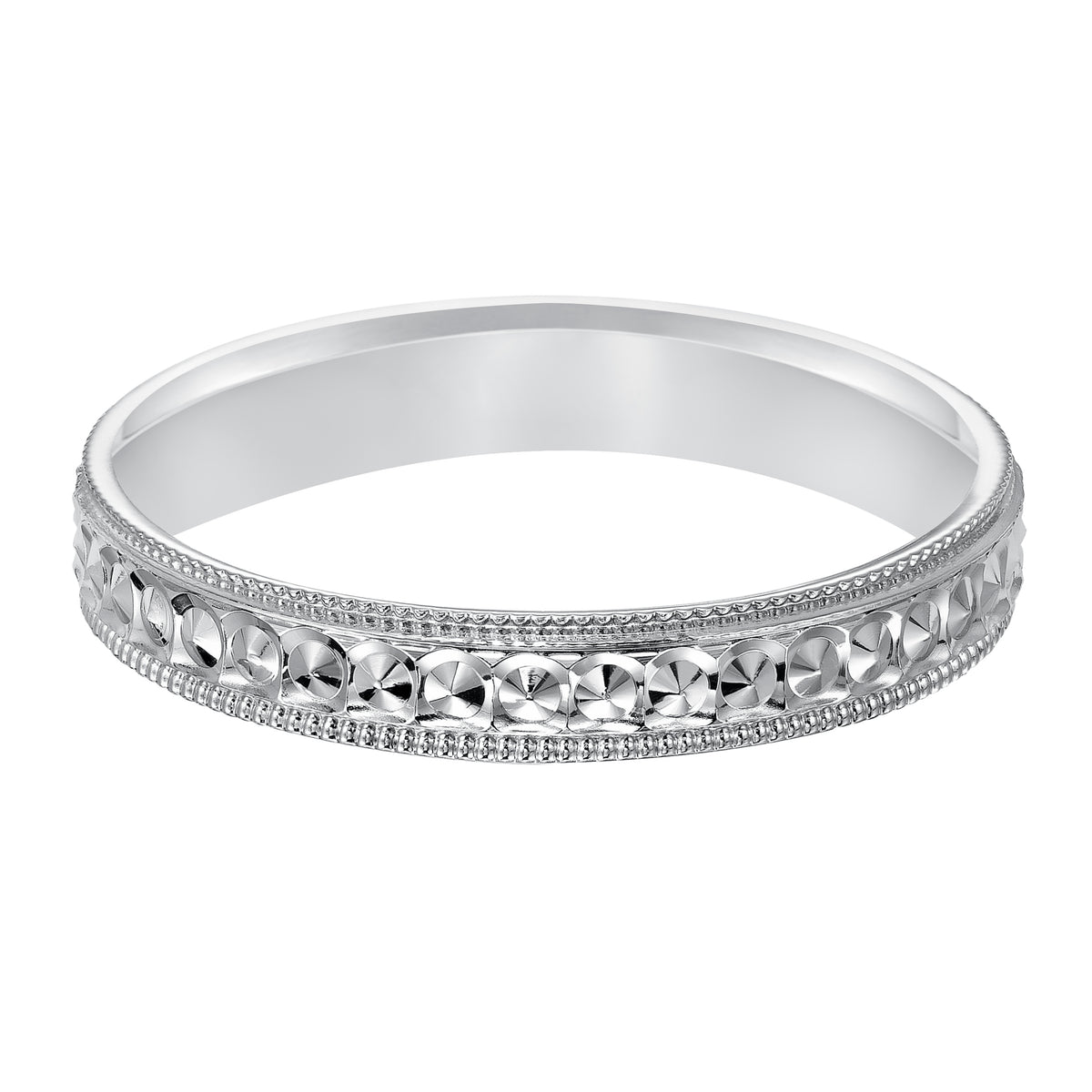 This low-dome styled, Comfort Fit wedding band features an intricate design with a bright finish and milgrain edge for a unique look