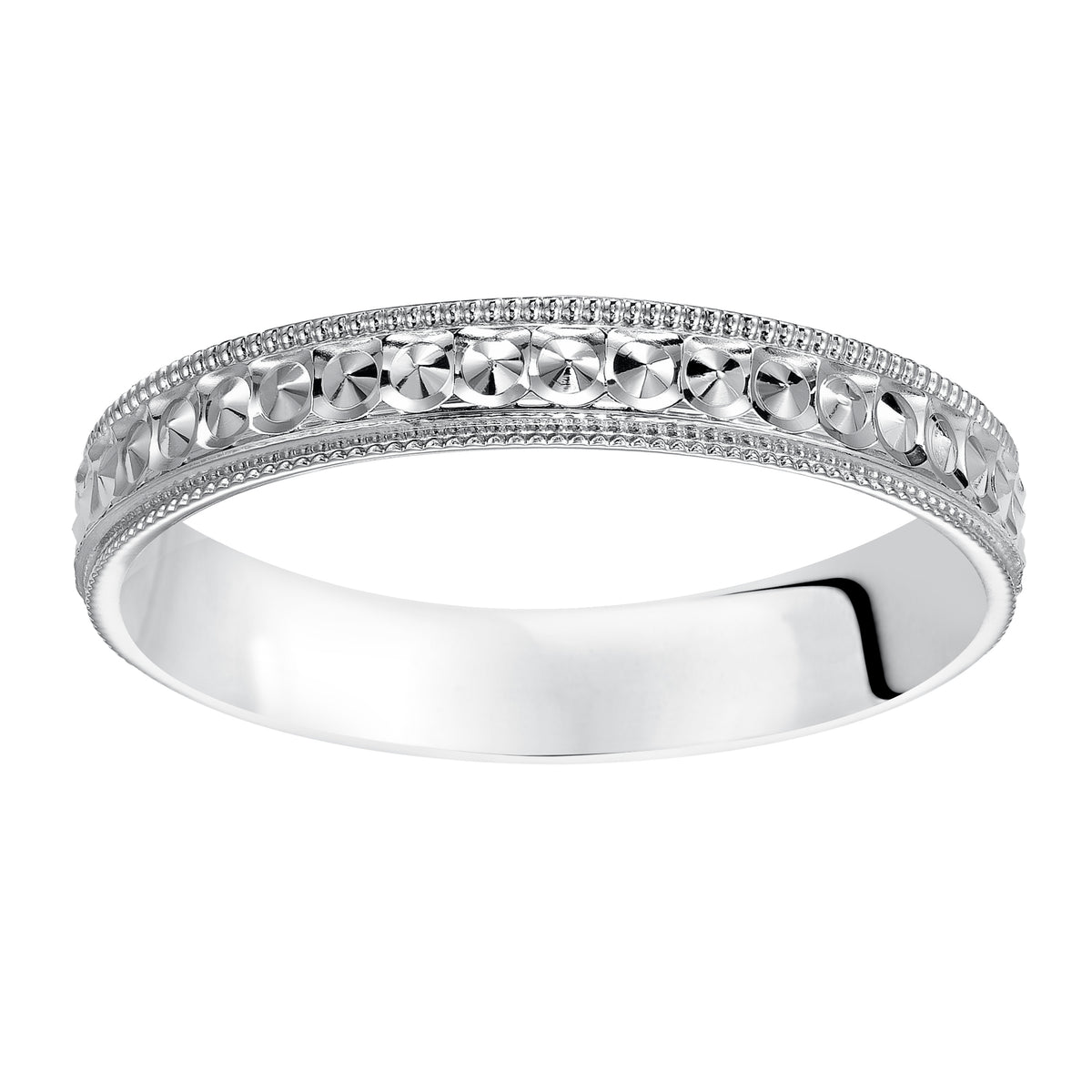 This low-dome styled, Comfort Fit wedding band features an intricate design with a bright finish and milgrain edge for a unique look