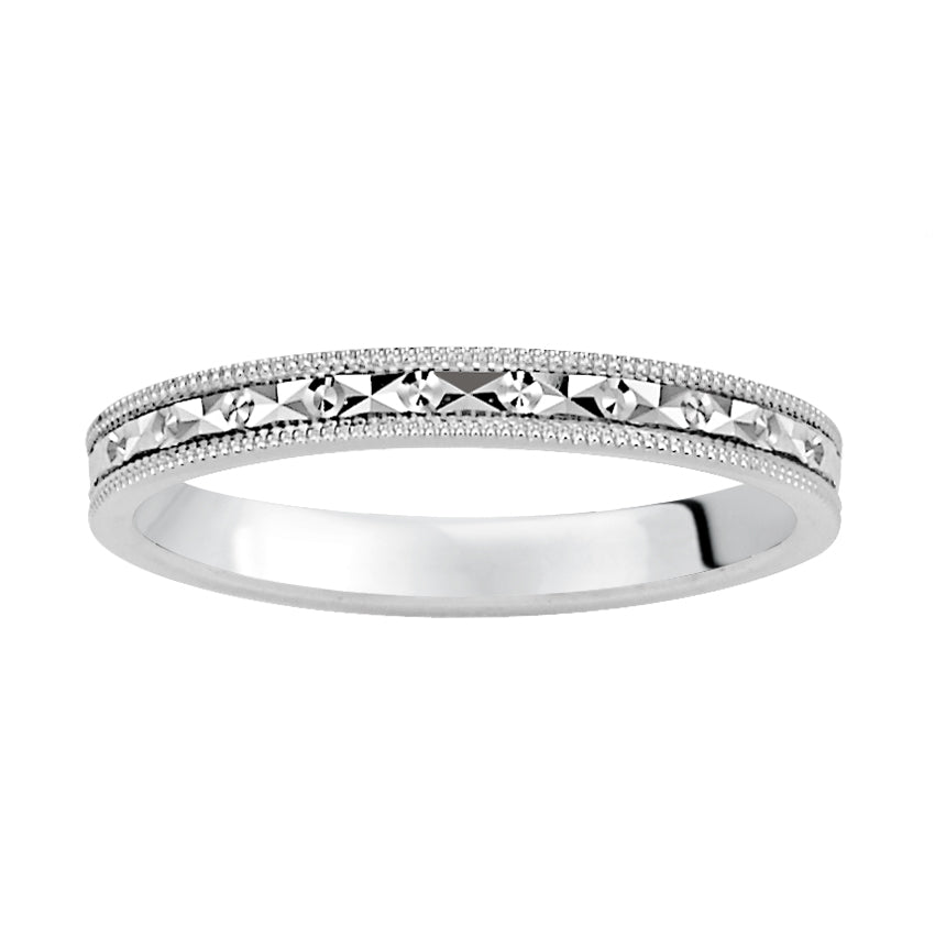 Flat Milgrain Edge Carved Wedding Band