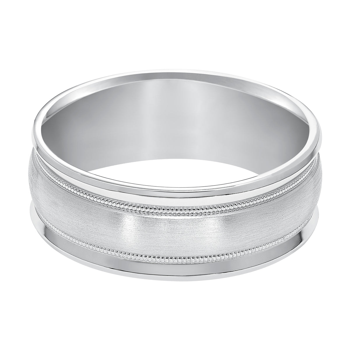 This low-dome styled, Comfort Fit wedding band features a classic design with its brushed finish, milgrain accents and beveled edge